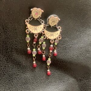 Cream and Red Enamel Dangle Earrings with Bead Fringe